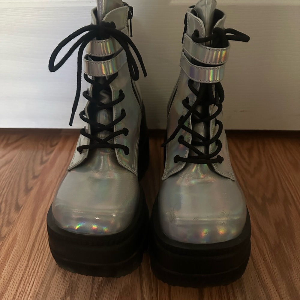 Demonia Holographic Silver Platform Lace-Up Boots